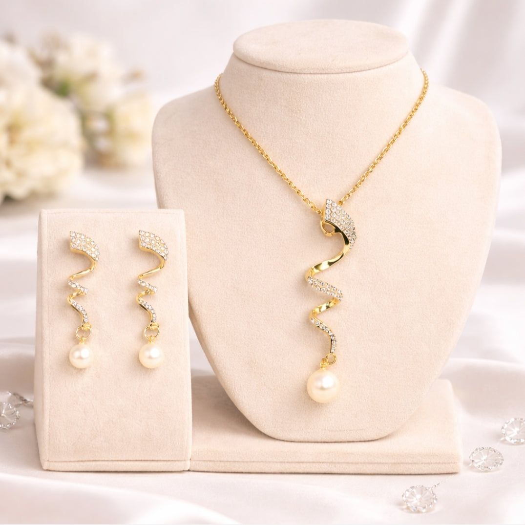 Classic Imitation Pearl Gold Color Jewelry Set Elegant Party Wear | AW