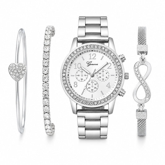 4 Pieces Lady's Silver Stainless Steel Strap Classic Quartz Watch Jewelry Set