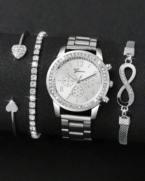 4 Pieces Lady's Silver Stainless Steel Strap Classic Quartz Watch Jewelry Set
